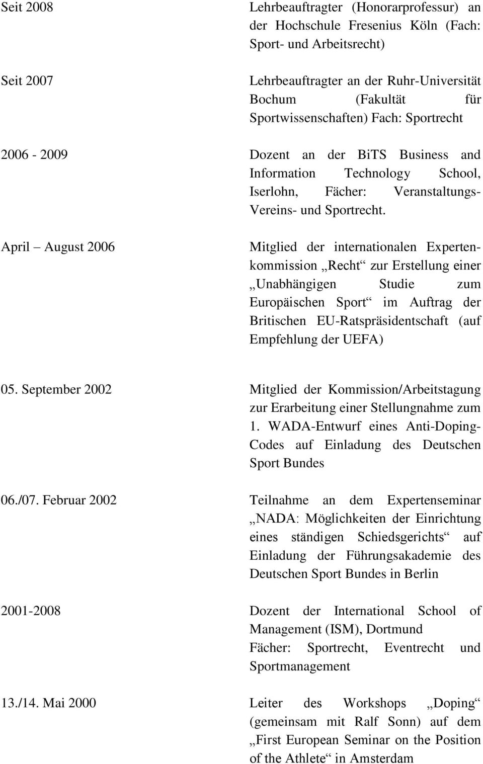 April August 2006 Mitglied der internationalen Expertenkommission Recht zur Erstellung einer Unabhängigen Studie zum Europäischen Sport im Auftrag der Britischen EU-Ratspräsidentschaft (auf
