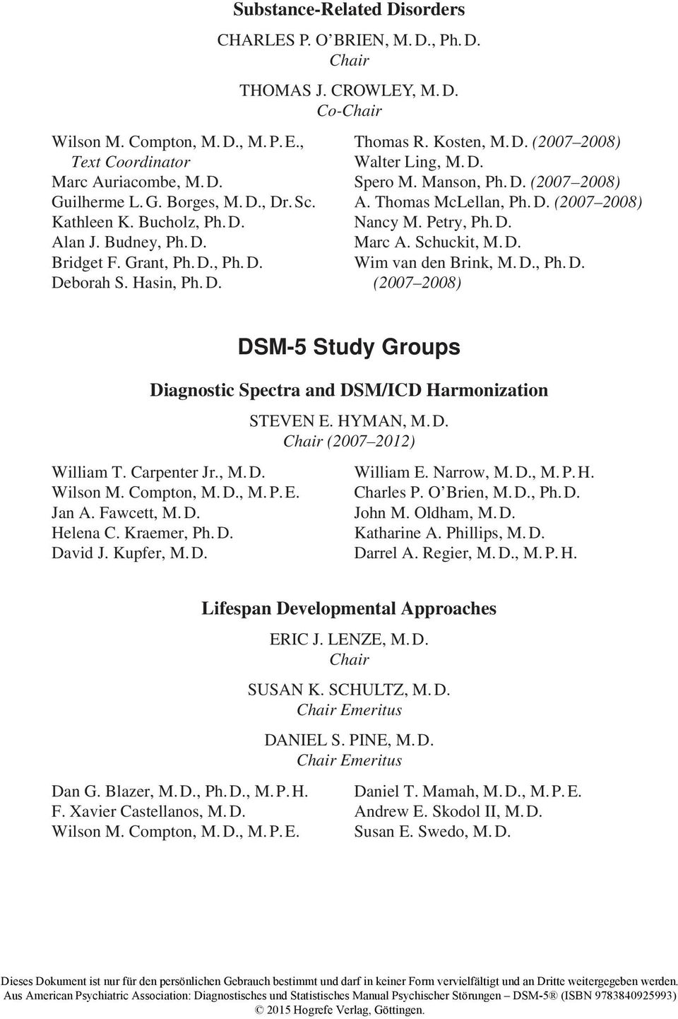 Thomas McLellan, Ph. D. (2007 2008) Nancy M. Petry, Ph. D. Marc A. Schuckit, M. D. Wim van den Brink, M. D., Ph. D. (2007 2008) DSM-5 Study Groups Diagnostic Spectra and DSM/ICD Harmonization William T.