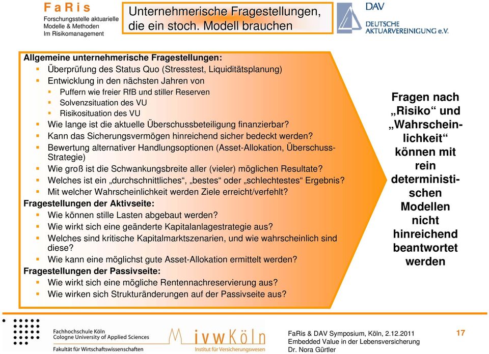 Reserven Solvenzsituation des VU Risikosituation des VU Wie lange ist die aktuelle Überschussbeteiligung finanzierbar? Kann das Sicherungsvermögen hinreichend sicher bedeckt werden?