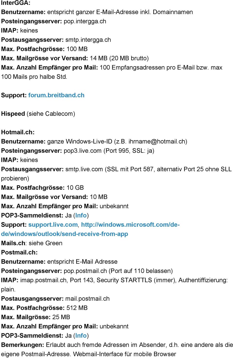 ch Hispeed (siehe Cablecom) Hotmail.ch: Benutzername: ganze Windows-Live-ID (z.b. ihrname@hotmail.ch) Posteingangsserver: pop3.live.com (Port 995, SSL: ja) IMAP: keines Postausgangsserver: smtp.live.com (SSL mit Port 587, alternativ Port 25 ohne SLL probieren) Max.