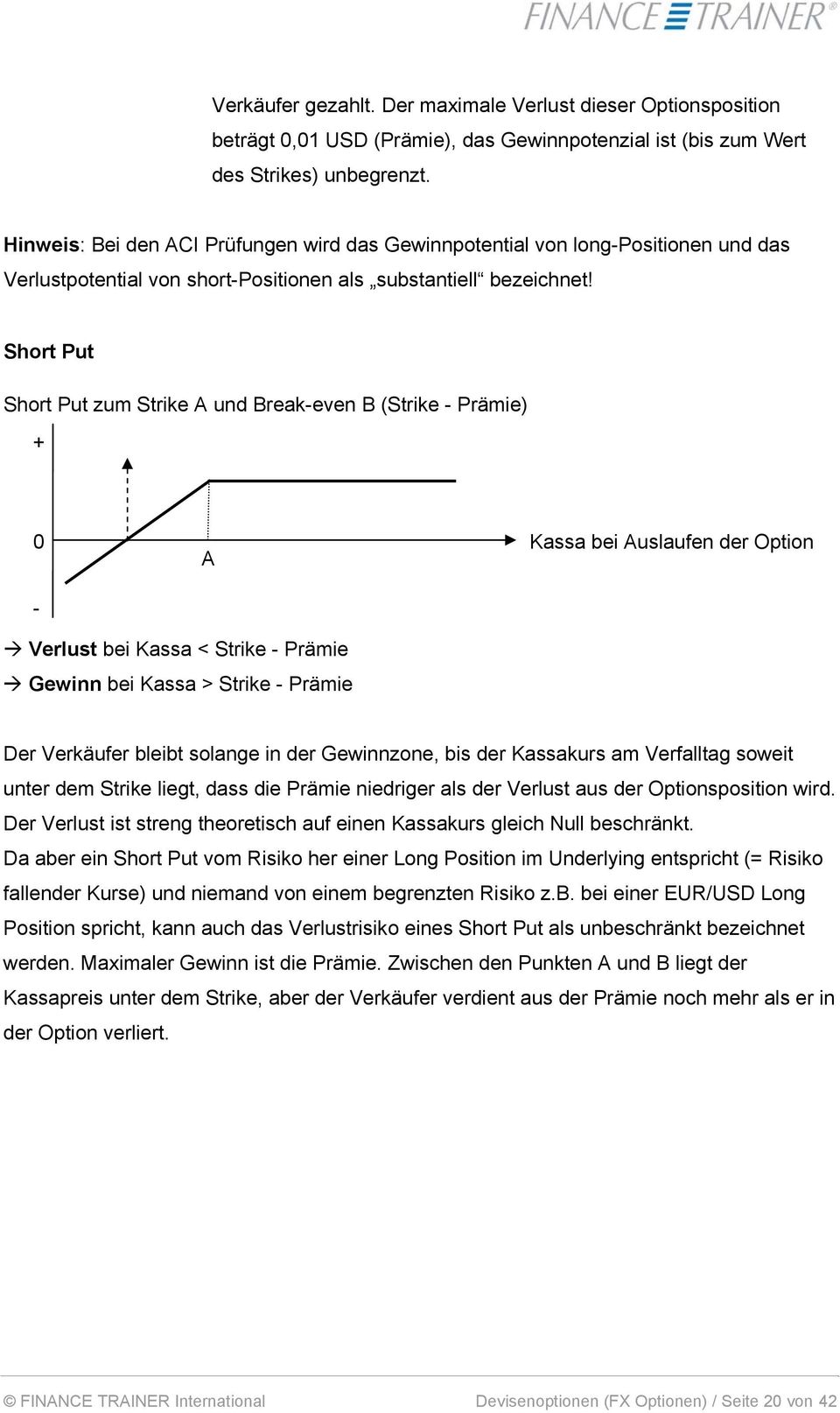 Short Put Short Put zum Strike A und Break-even B (Strike - Prämie) + 0 A Kassa bei Auslaufen der Option - Verlust bei Kassa < Strike - Prämie Gewinn bei Kassa > Strike - Prämie Der Verkäufer bleibt