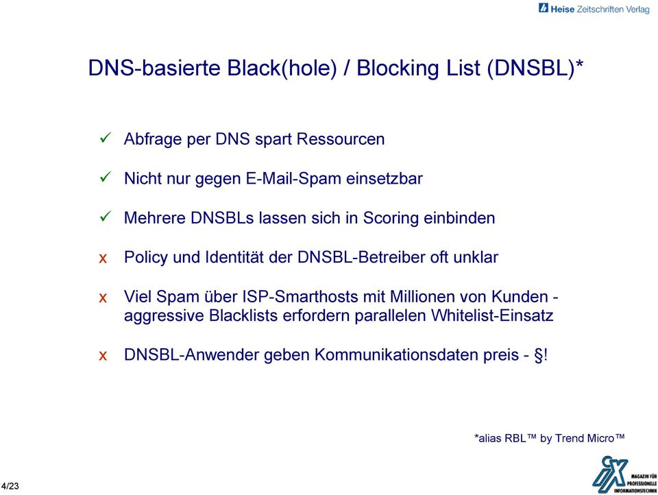 DNSBL-Betreiber oft unklar Viel Spam über ISP-Smarthosts mit Millionen von Kunden - aggressive