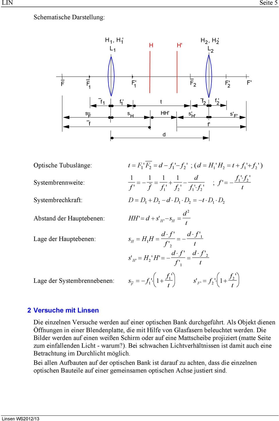 Versuche mit Linsen Die einzelnen Versuche werden auf einer optischen Bank durchgeführt. Als Objekt dienen Öffnungen in einer Blendenplatte, die mit ilfe von Glasfasern beleuchtet werden.