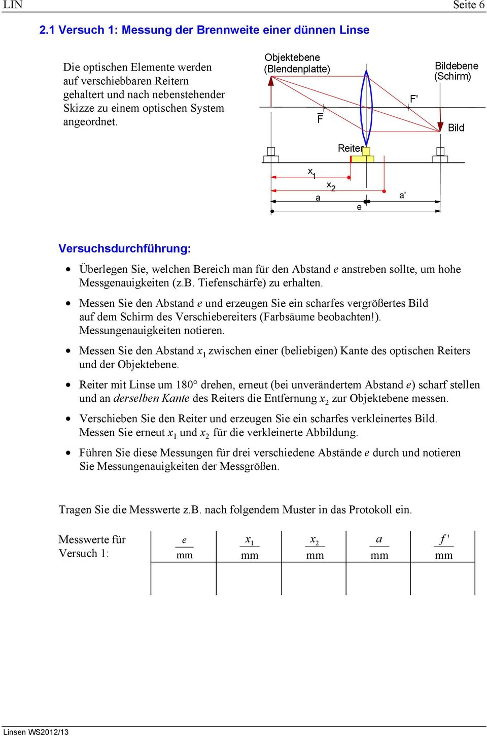 Messen Sie den Abstand e und erzeugen Sie ein scharfes vergrößertes Bild auf dem Schirm des Verschiebereiters (arbsäume beobachten!). Messungenauigkeiten notieren.