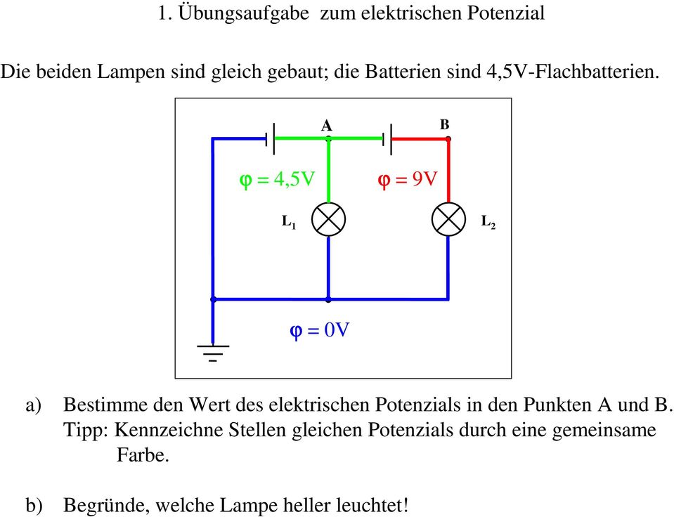 A B ϕ = 4,5V ϕ = 9V L 1 L 2 ϕ = 0V a) Bestimme den Wert des elektrischen Potenzials in