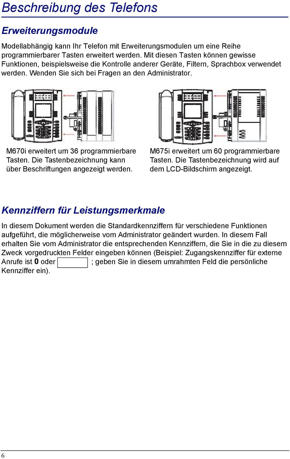 M670i erweitert um 36 programmierbare Tasten. Die Tastenbezeichnung kann über Beschriftungen angezeigt werden. M675i erweitert um 60 programmierbare Tasten.