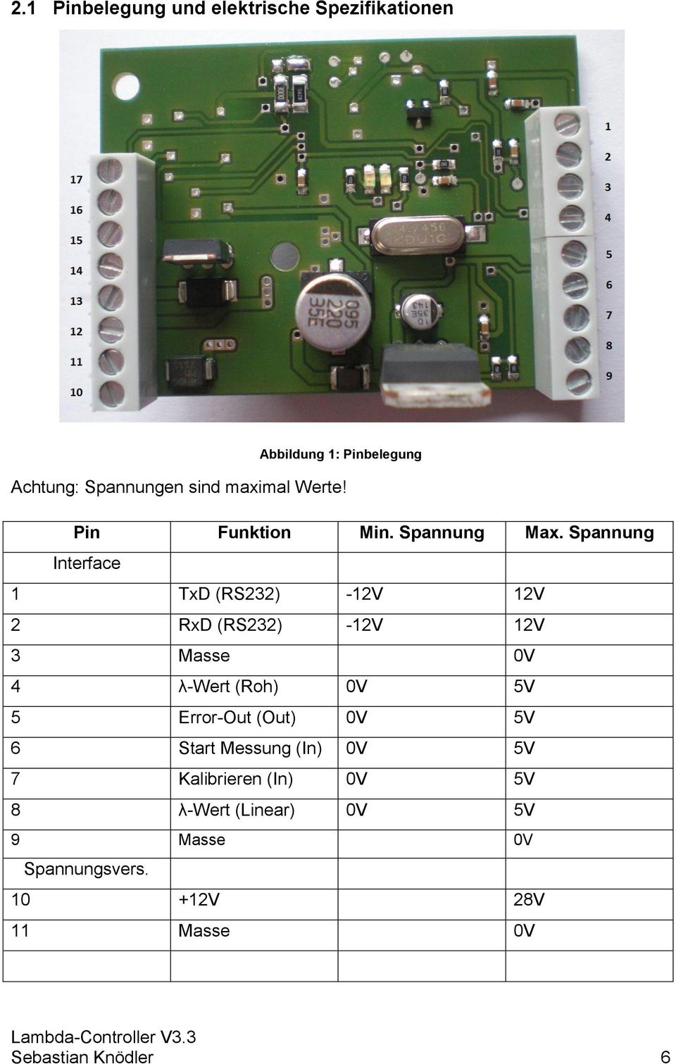 Spannung Interface 1 TxD (RS232) -12V 12V 2 RxD (RS232) -12V 12V 3 Masse 0V 4 λ-wert (Roh) 0V 5V 5