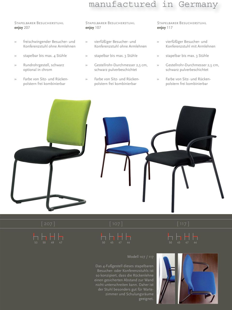 3 Stühle» Gestellrohr-Durchmesser 2,5 cm, schwarz pulverbeschichtet» vierfüßiger Besucher- und Konferenzstuhl mit Armlehnen» stapelbar bis max.