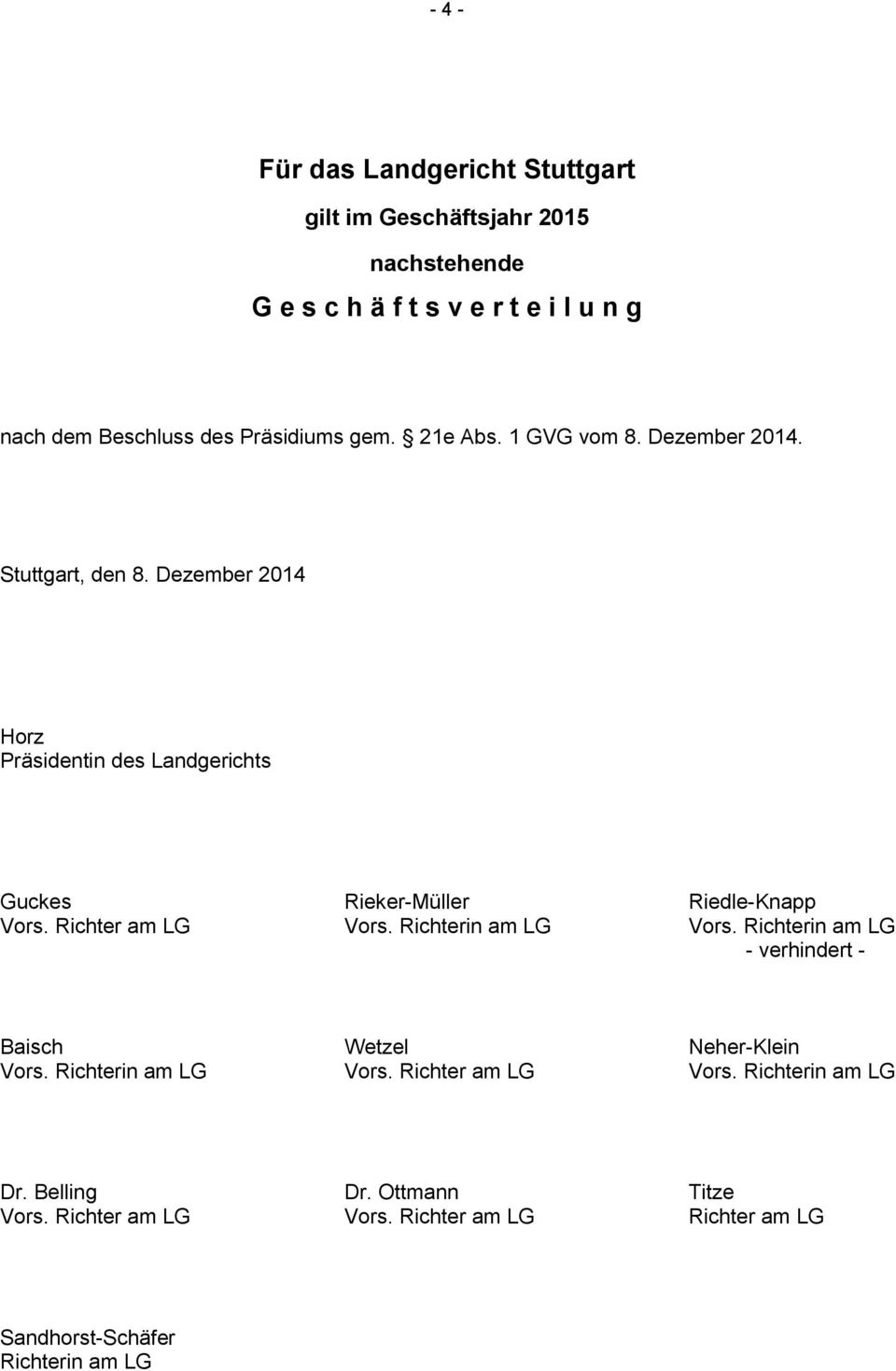 Dezember 2014 Horz Präsidentin des Landgerichts Guckes Rieker-Müller Riedle-Knapp Vors. Richter am LG Vors. Richterin am LG Vors.