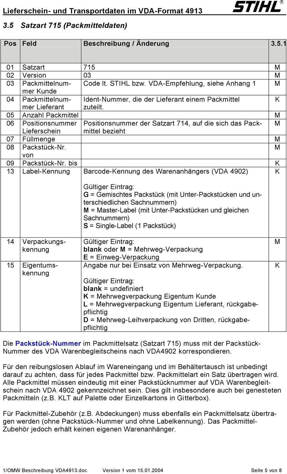 05 Anzahl Packmittel 06 Positionsnummer Positionsnummer der Satzart 714, auf die sich das Packmittel Lieferschein bezieht 07 Füllmenge 08 Packstück-Nr. von 09 Packstück-Nr.