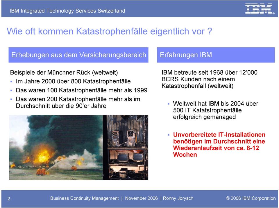 Katastrophenfälle mehr als 1999 Das waren 200 Katastrophenfälle mehr als im Durchschnitt über die 90 er Jahre IBM betreute seit 1968 über 12 000 BCRS Kunden nach