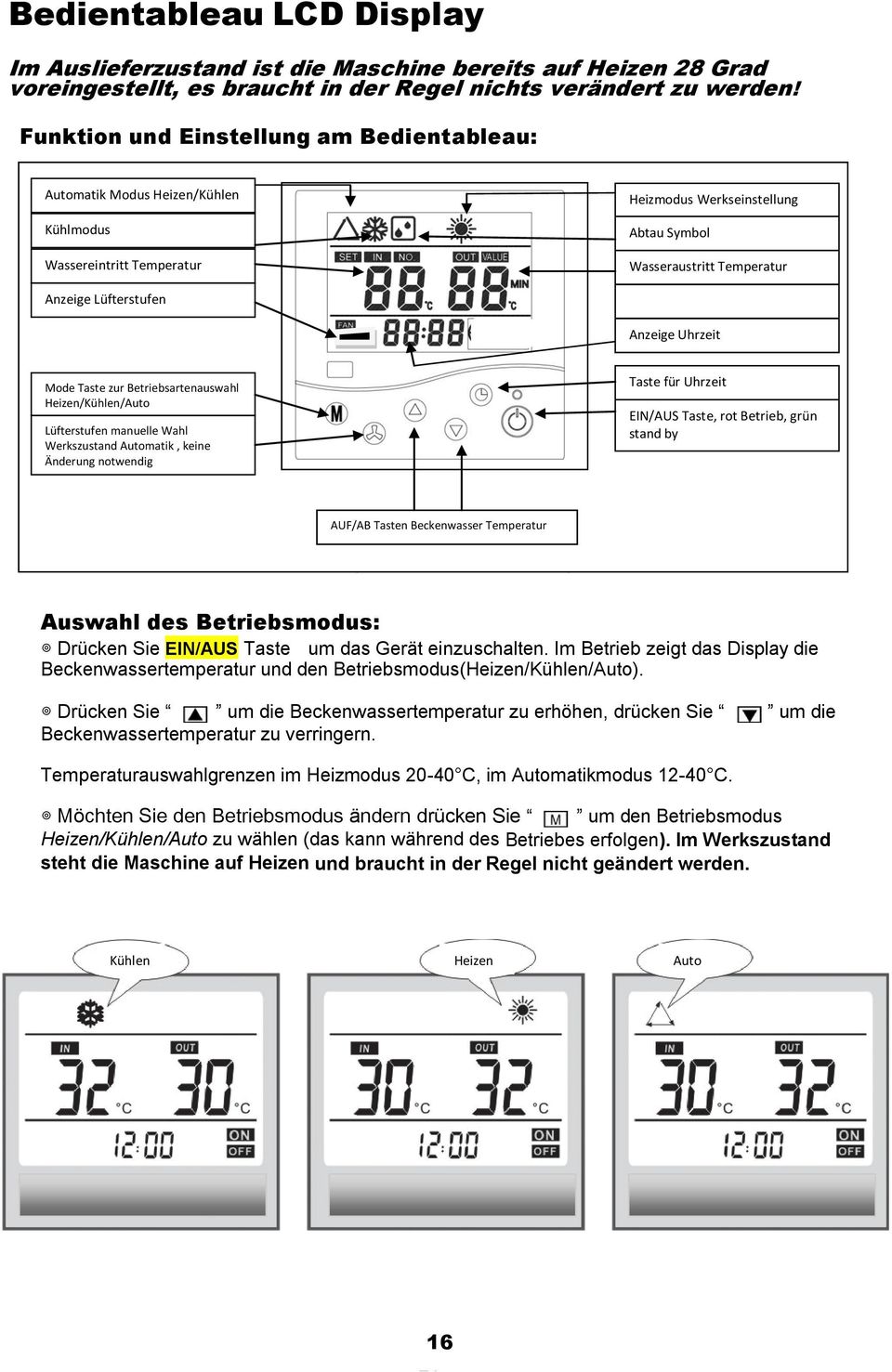 Wassereintritt Temperatur Heizmodus Werkseinstellung (Sonnen Symbol) Abtau Symbol Wasseraustritt Temperatur Wasseraustritt Temperatur Anzeige Uhrzeit Mode Taste zur Betriebsartenauswahl