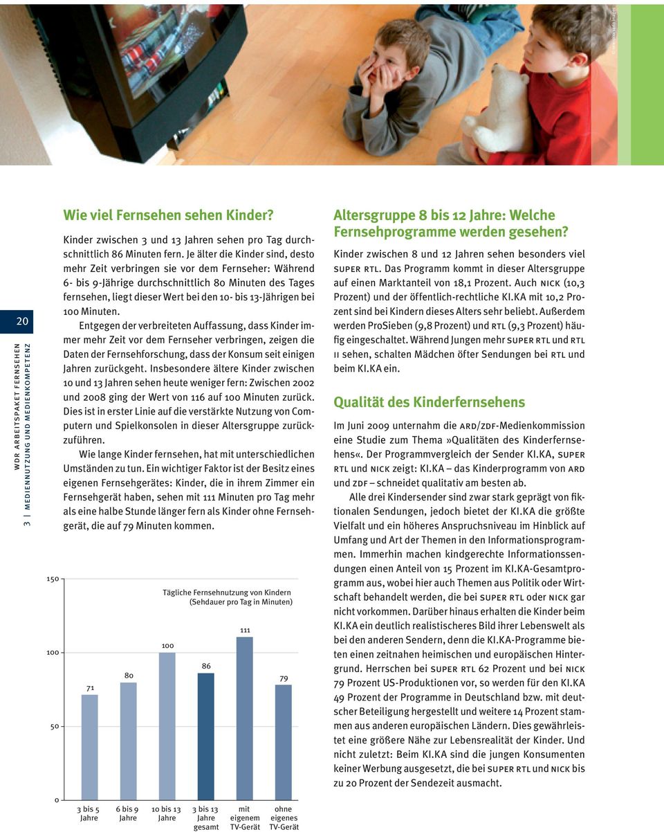 100 Minuten. Entgegen der verbreiteten Auffassung, dass Kinder immer mehr Zeit vor dem Fernseher verbringen, zeigen die Daten der Fernsehforschung, dass der Konsum seit einigen Jahren zurückgeht.