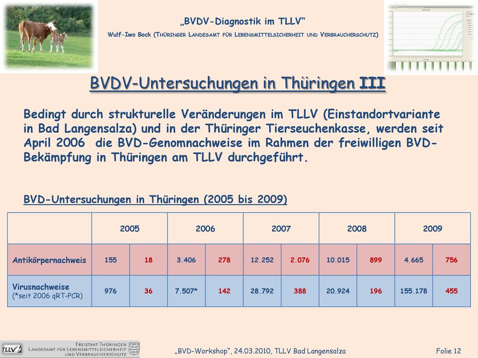 durchgeführt. BVD-Untersuchungen in Thüringen (2005 bis 2009) 2005 2006 2007 2008 2009 Antikörpernachweis 155 18 3.406 278 12.252 2.076 10.