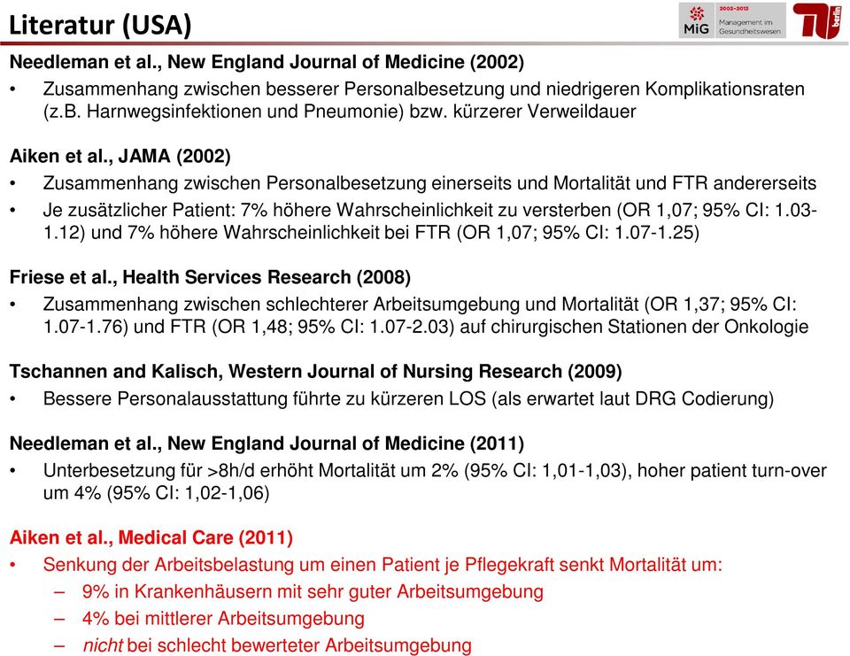 , JAMA (2002) Zusammenhang zwischen Personalbesetzung einerseits und Mortalität und FTR andererseits Je zusätzlicher Patient: 7% höhere Wahrscheinlichkeit zu versterben (OR 1,07; 95% CI: 1.03-1.