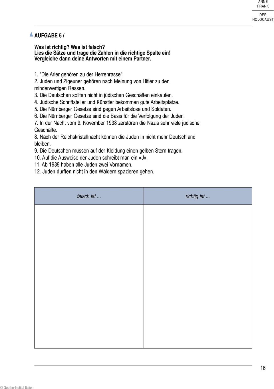 Jüdische Schriftsteller und Künstler bekommen gute Arbeitsplätze. 5. Die Nürnberger Gesetze sind gegen Arbeitslose und Soldaten. 6. Die Nürnberger Gesetze sind die Basis für die Verfolgung der Juden.