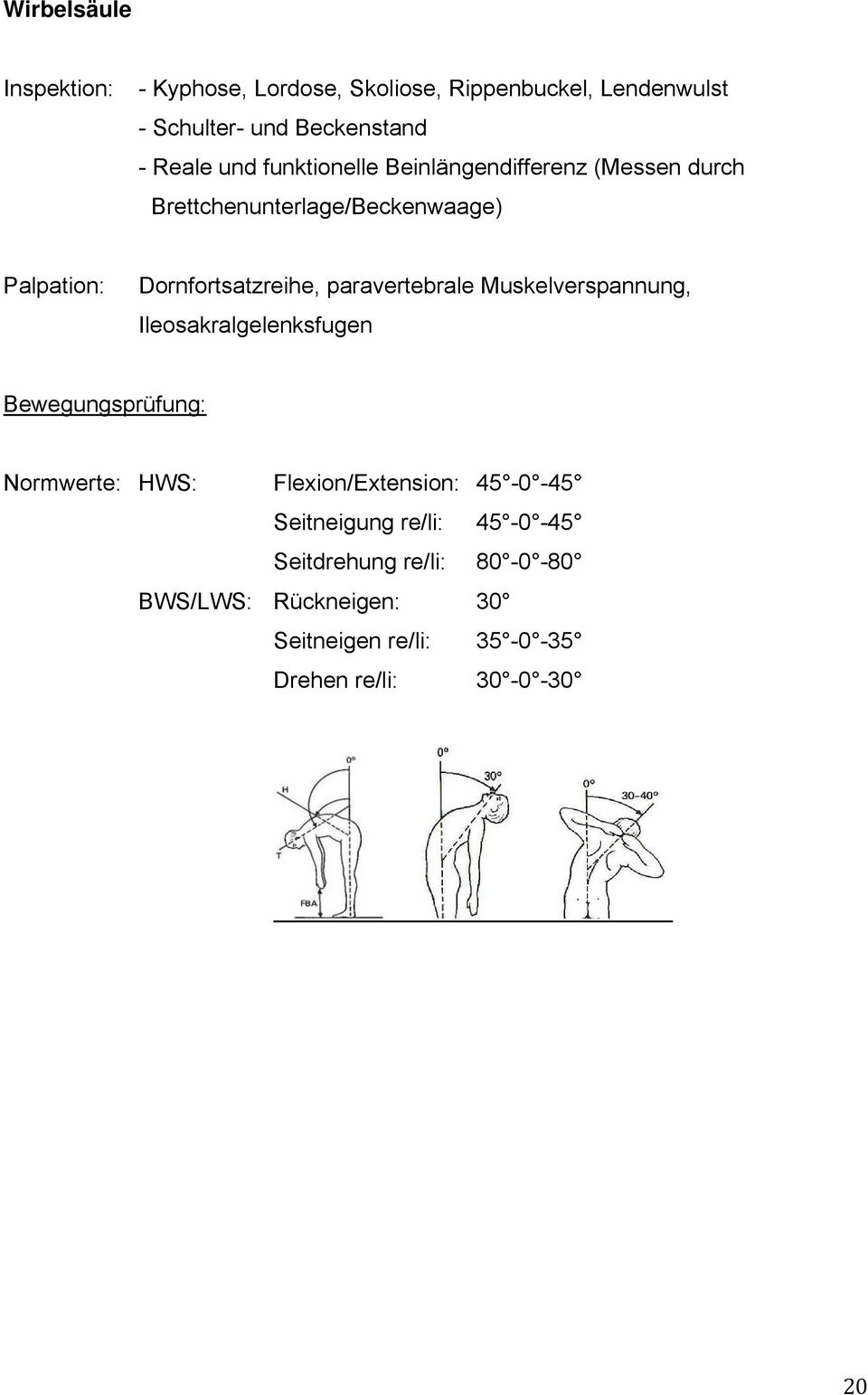 paravertebrale Muskelverspannung, Ileosakralgelenksfugen Bewegungsprüfung: Normwerte: HWS: Flexion/Extension: 45-0 -45