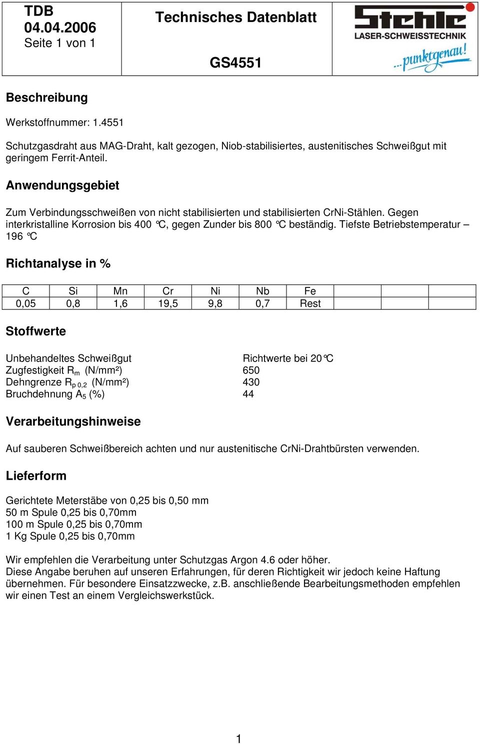 Tiefste Betriebstemperatur 96 C C Si Mn Cr Ni Nb Fe 0,05 0,8,6 9,5 9,8 0,7 Rest Unbehandeltes Schweißgut Richtwerte bei 20 C Zugfestigkeit R m (N/mm²) 650 Dehngrenze R p 0,2 (N/mm²) 430