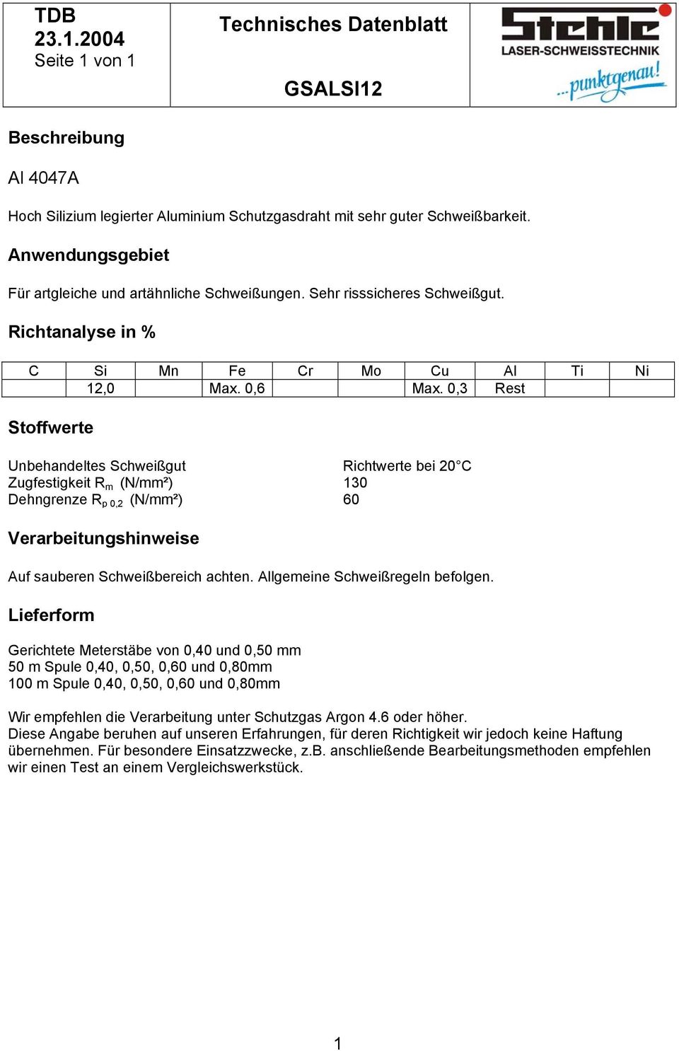 0,3 Rest Unbehandeltes Schweißgut Richtwerte bei 20 C Zugfestigkeit R m (N/mm²) 30 Dehngrenze R p 0,2 (N/mm²) 60 Auf sauberen