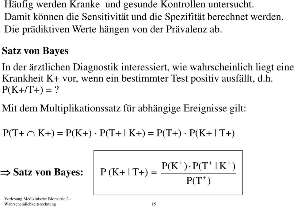 Satz von Bayes In der ärztlichen Diagnostik interessiert, wie wahrscheinlich liegt eine Krankheit K+ vor, wenn ein bestimmter Test