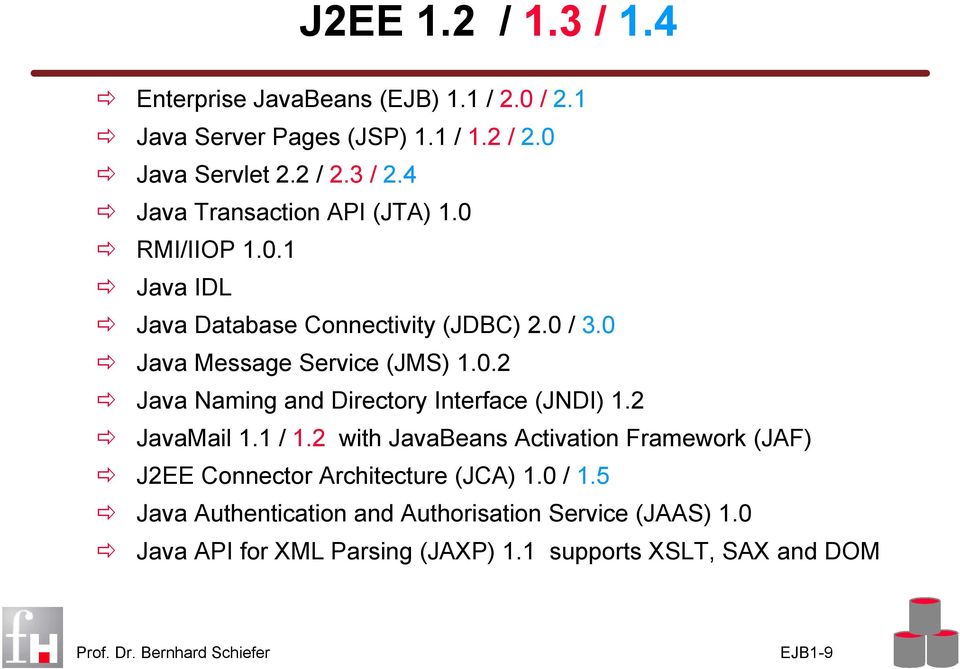 2 JavaMail 1.1 / 1.2 with JavaBeans Activation Framework (JAF) J2EE Connector Architecture (JCA) 1.0 / 1.
