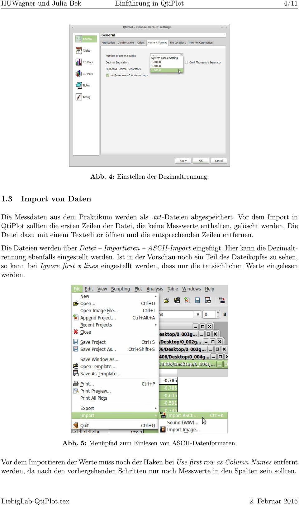 Die Dateien werden über Datei Importieren ASCII-Import eingefügt. Hier kann die Dezimaltrennung ebenfalls eingestellt werden.