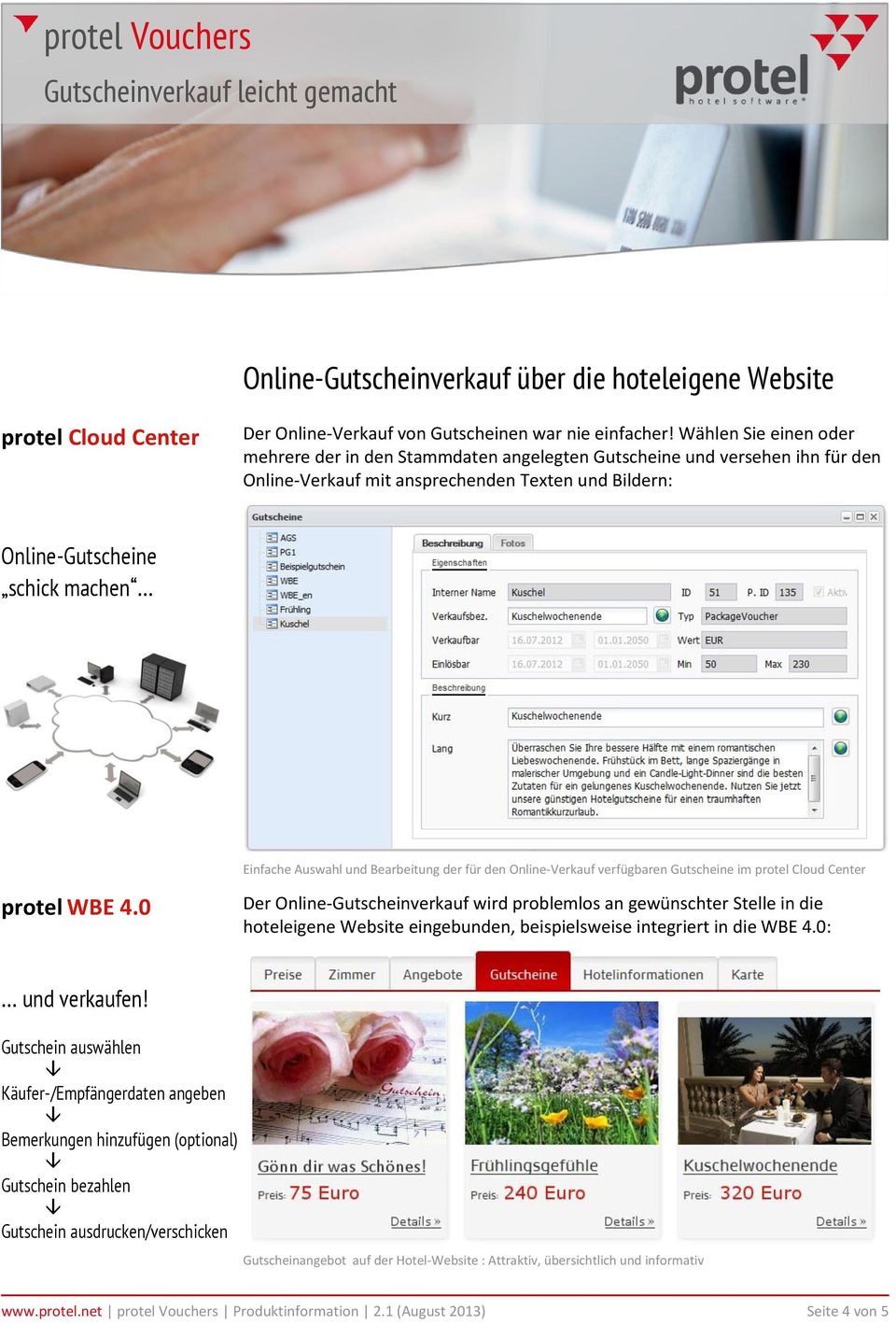 Auswahl und Bearbeitung der für den Online-Verkauf verfügbaren Gutscheine im protel Cloud Center protel WBE 4.