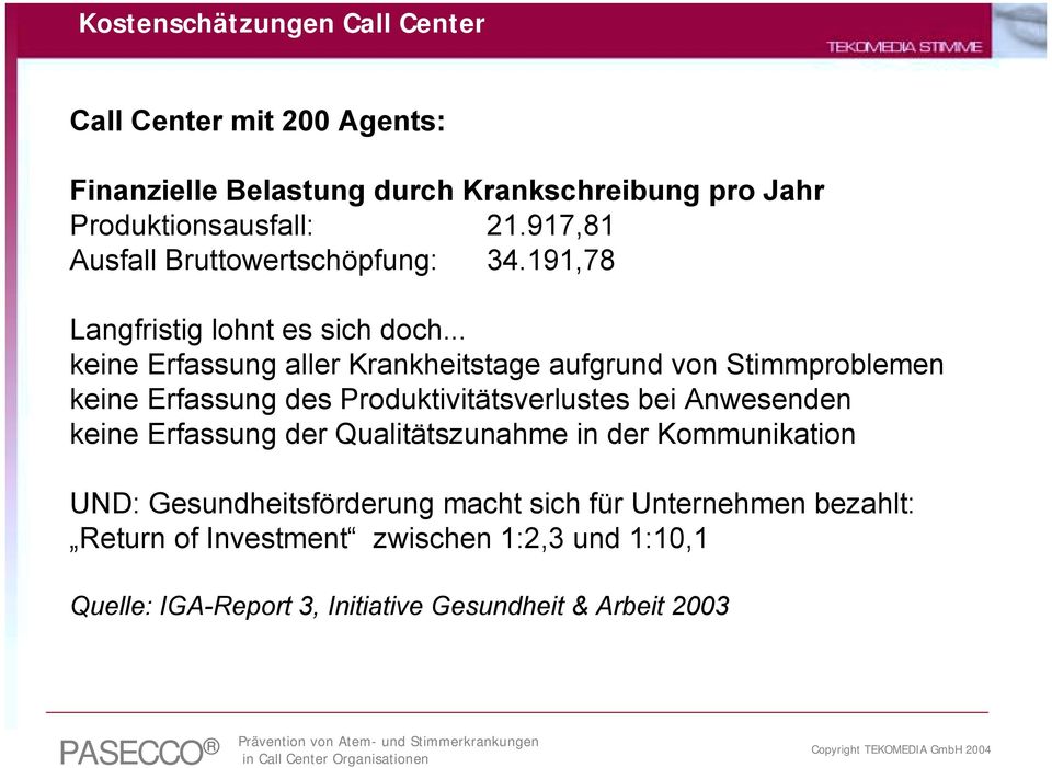 .. keine Erfassung aller Krankheitstage aufgrund von Stimmproblemen keine Erfassung des Produktivitätsverlustes bei Anwesenden keine