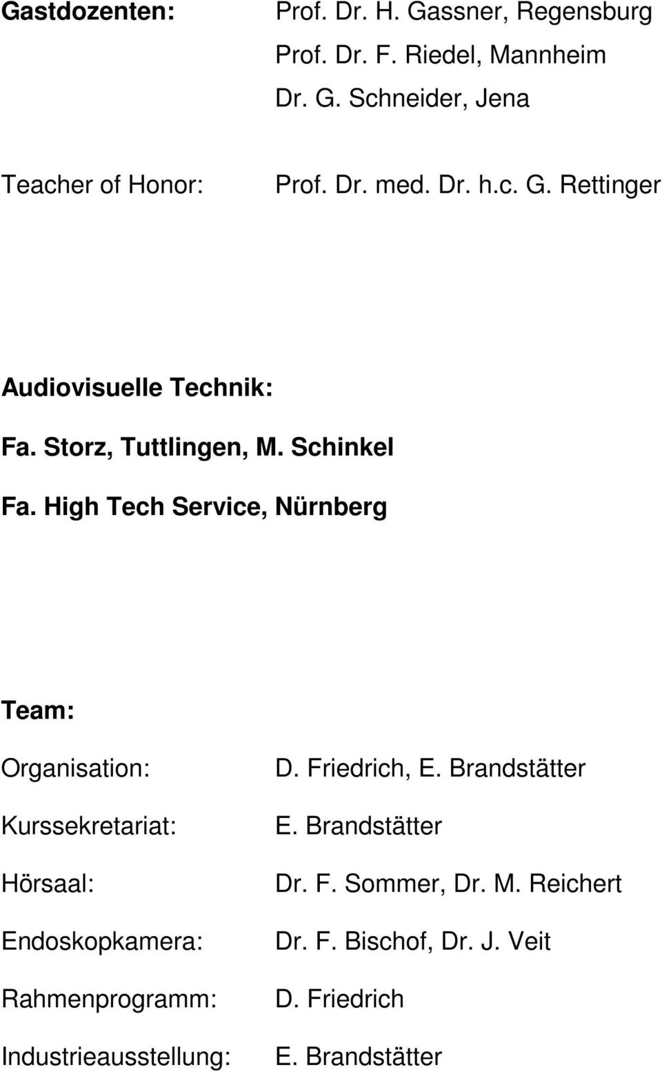 High Tech Service, Nürnberg Team: Organisation: Kurssekretariat: Hörsaal: Endoskopkamera: Rahmenprogramm: