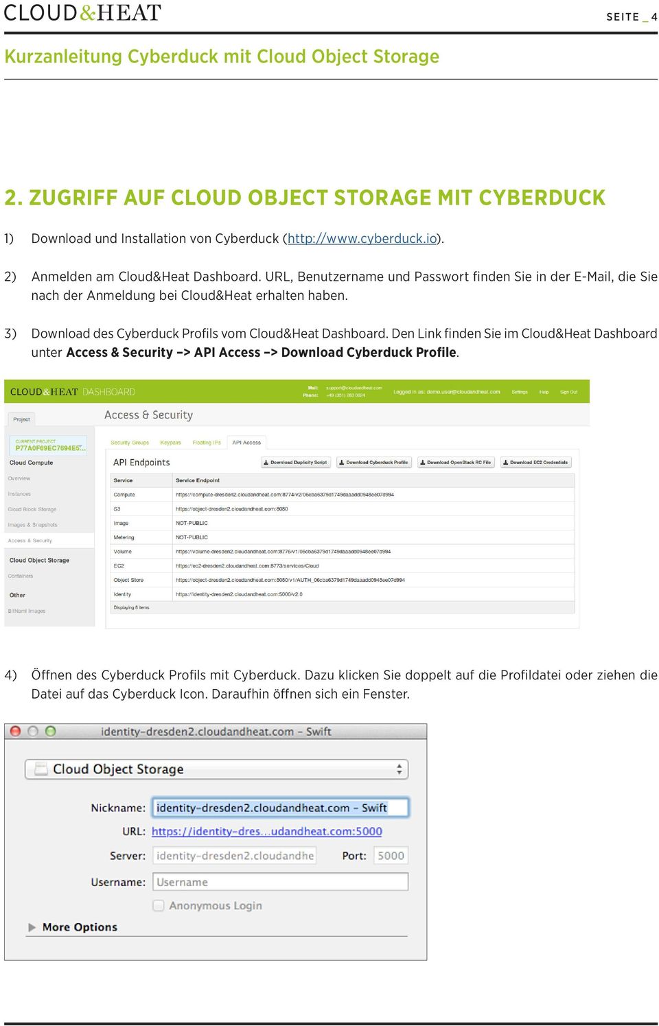 3) Download des Cyberduck Profils vom Cloud&Heat Dashboard.
