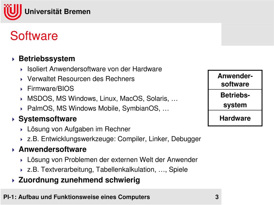 le, SymbianOS, Systemsoftware Lösung von Aufgaben im Rechner z.b. Entwicklungswerkzeuge: Compiler, Linker, Debugger Anwendersoftware Lösung von Problemen der externen Welt der Anwender z.