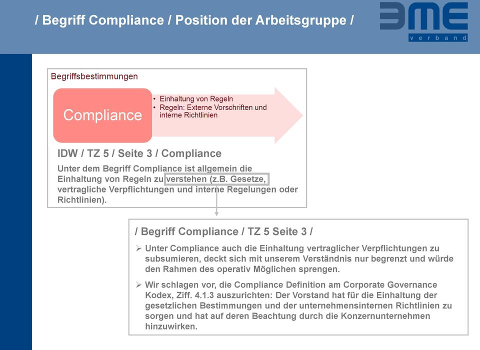 des operativ Möglichen sprengen. Wir schlagen vor, die Compliance Definition am Corporate Governance Kodex, Ziff. 4.1.