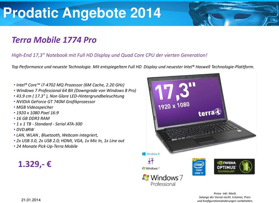 20 GHz) Windows 7 Professional 64 Bit (Downgrade von Windows 8 Pro) 43.9 cm ( 17.