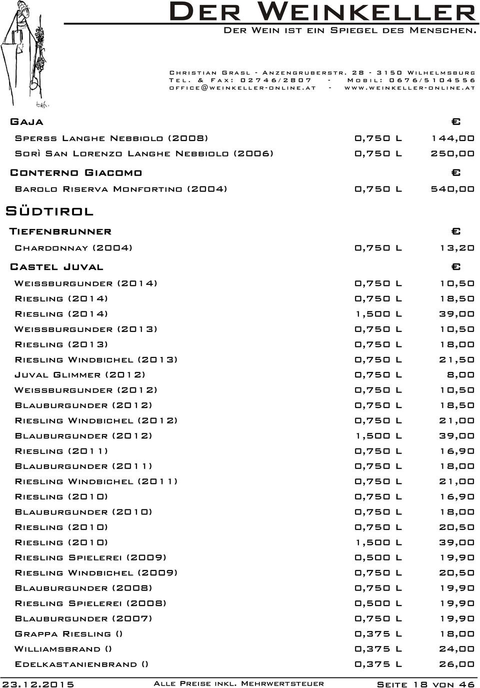 L 18,00 Riesling Windbichel (2013) 0,750 L 21,50 Juval Glimmer (2012) 0,750 L 8,00 Weissburgunder (2012) 0,750 L 10,50 Blauburgunder (2012) 0,750 L 18,50 Riesling Windbichel (2012) 0,750 L 21,00
