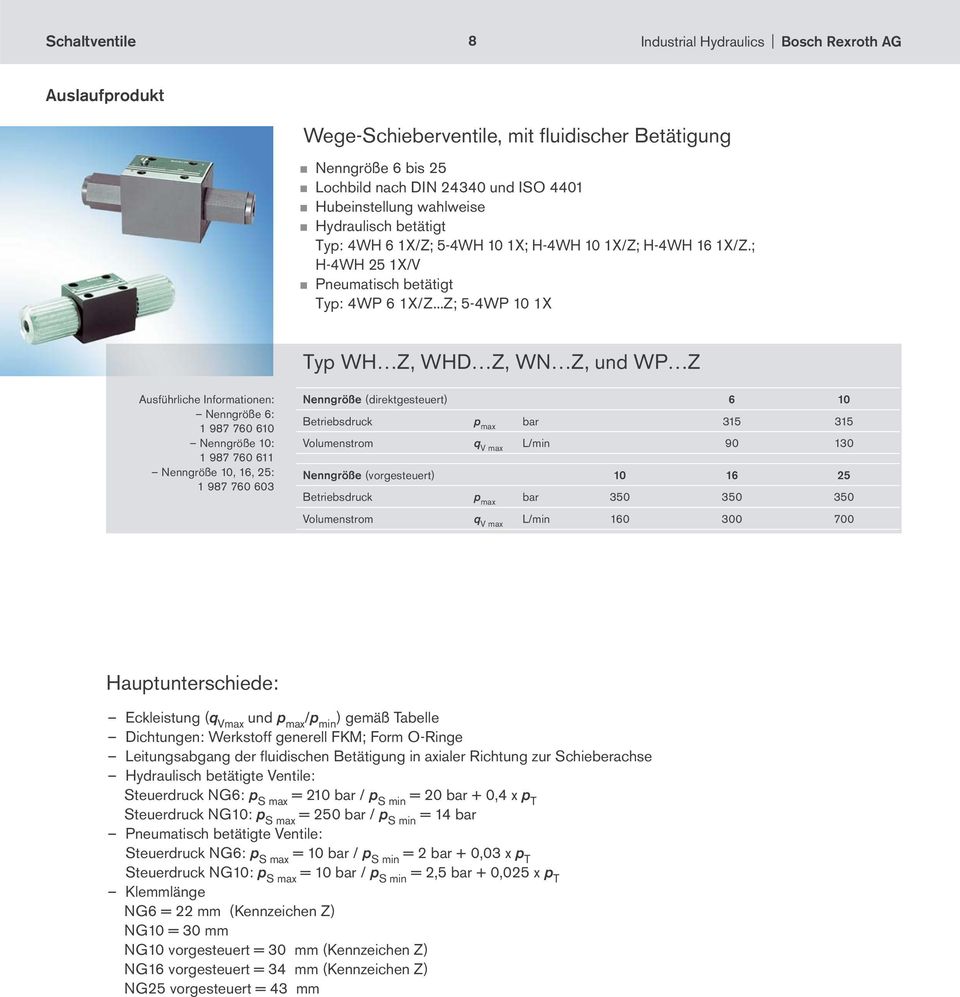 ..Z; 5-4WP 10 1X Typ WH Z, WHD Z, WN Z, und WP Z Nenngröße 6: 1 987 760 610 Nenngröße 10: 1 987 760 611 Nenngröße 10, 16, 25: 1 987 760 603 Nenngröße (direktgesteuert) 6 10 Betriebsdruck p max bar