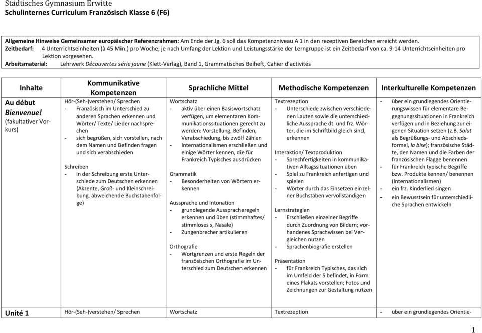 ) pro Woche; je nach Umfang der Lektion und Leistungsstärke der Lerngruppe ist ein Zeitbedarf von ca. 9 14 Unterrichtseinheiten pro Lektion vorgesehen.