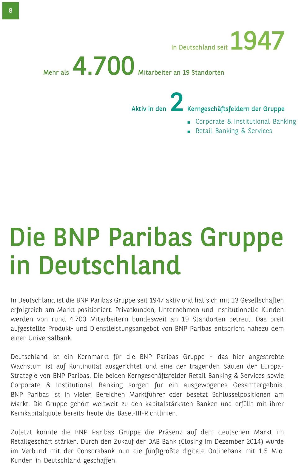 die BNP Paribas Gruppe seit 1947 aktiv und hat sich mit 13 Gesellschaften erfolgreich am Markt positioniert. Privatkunden, Unternehmen und institutionelle Kunden werden von rund 4.