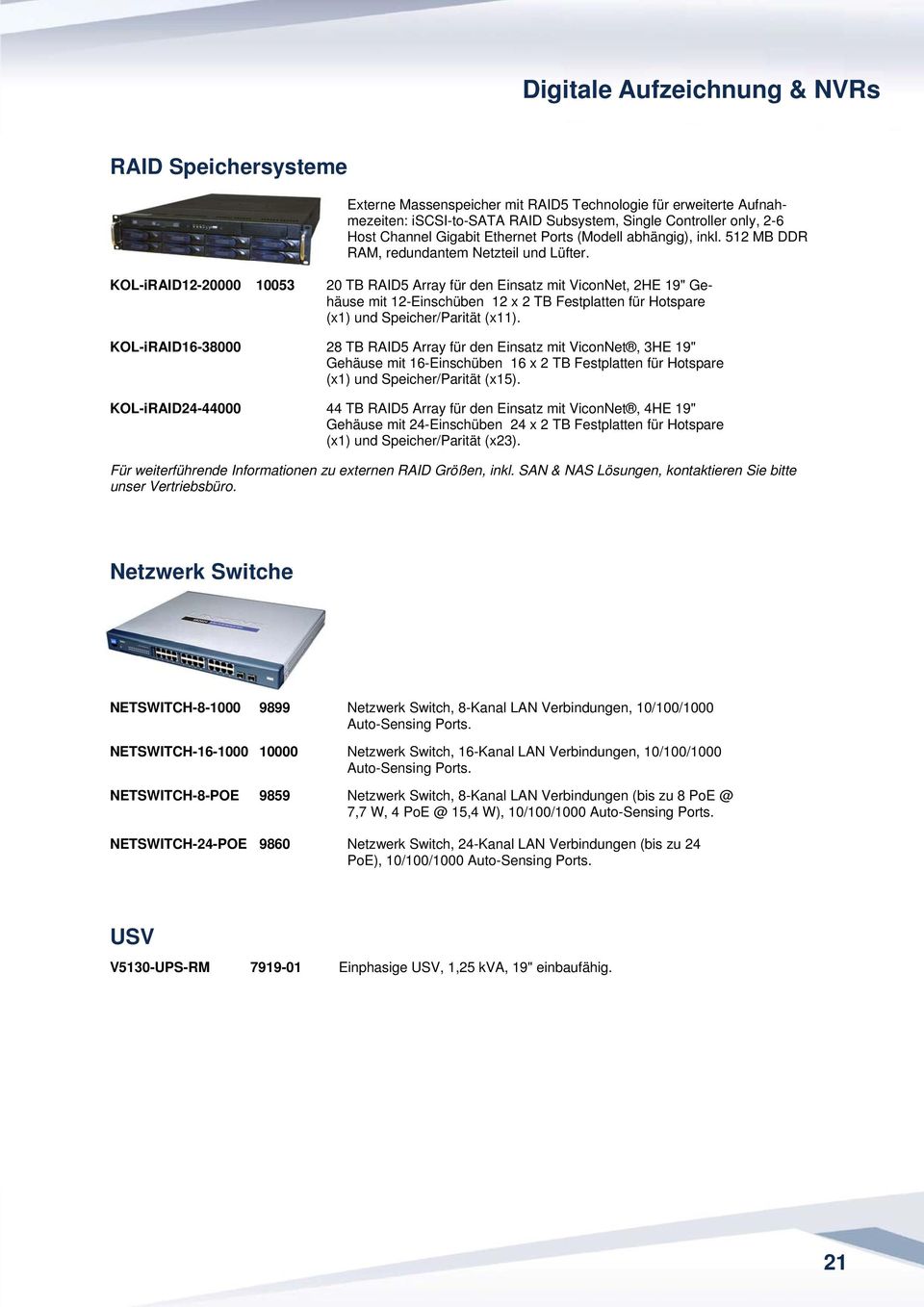 KOL-iRAID12-20000 10053 20 TB RAID5 Array für den Einsatz mit ViconNet, 2HE 19" Gehäuse mit 12-Einschüben 12 x 2 TB Festplatten für Hotspare (x1) und Speicher/Parität (x11).