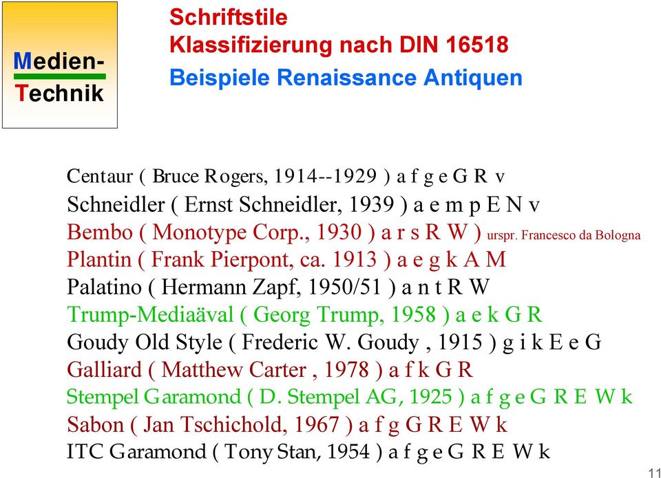1913 ) a e g k A M Palatino ( Hermann Zapf, 1950/51 ) a n t R W Trump-Mediaäval ( Georg Trump, 1958 ) a e k G R Goudy Old Style ( Frederic W.