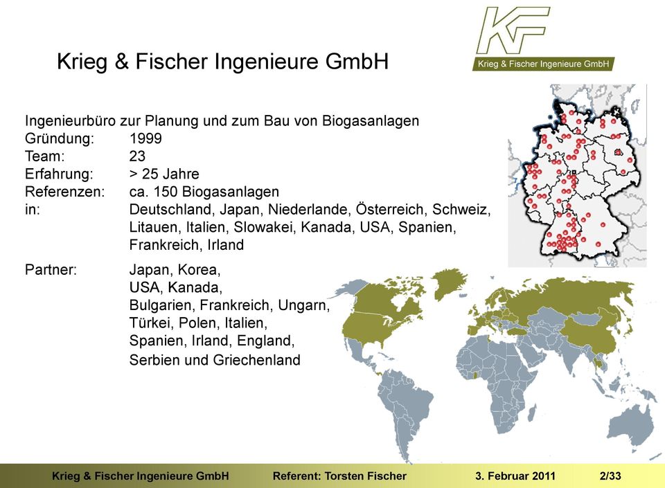 150 Biogasanlagen Deutschland, Japan, Niederlande, Österreich, Schweiz, Litauen, Italien, Slowakei, Kanada, USA, Spanien,