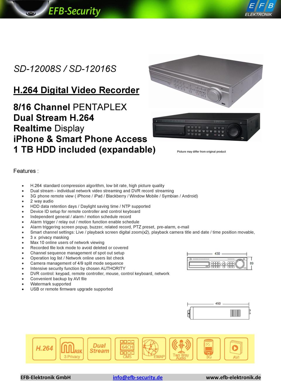 264 standard compression algorithm, low bit rate, high picture quality Dual stream - individual network video streaming and DVR record streaming 3G phone remote view ( iphone / ipad / Blackberry /