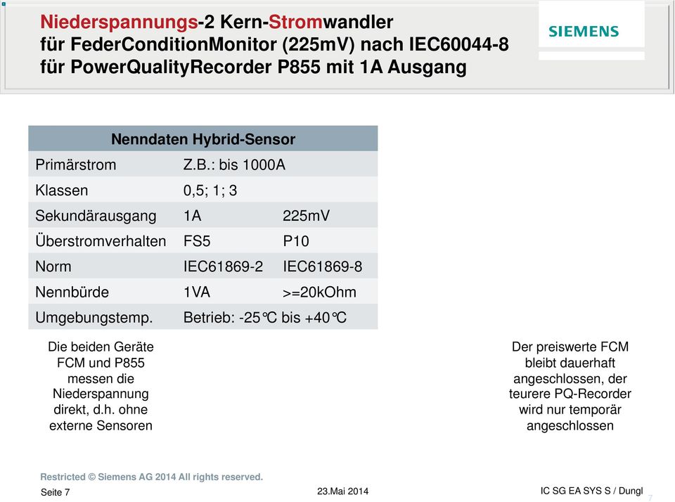 : bis 1000A Klassen 0,5; 1; 3 Sekundärausgang 1A 225mV Überstromverhalten FS5 P10 Norm IEC61869-2 IEC61869-8 Nennbürde 1VA >=20kOhm Umgebungstemp.