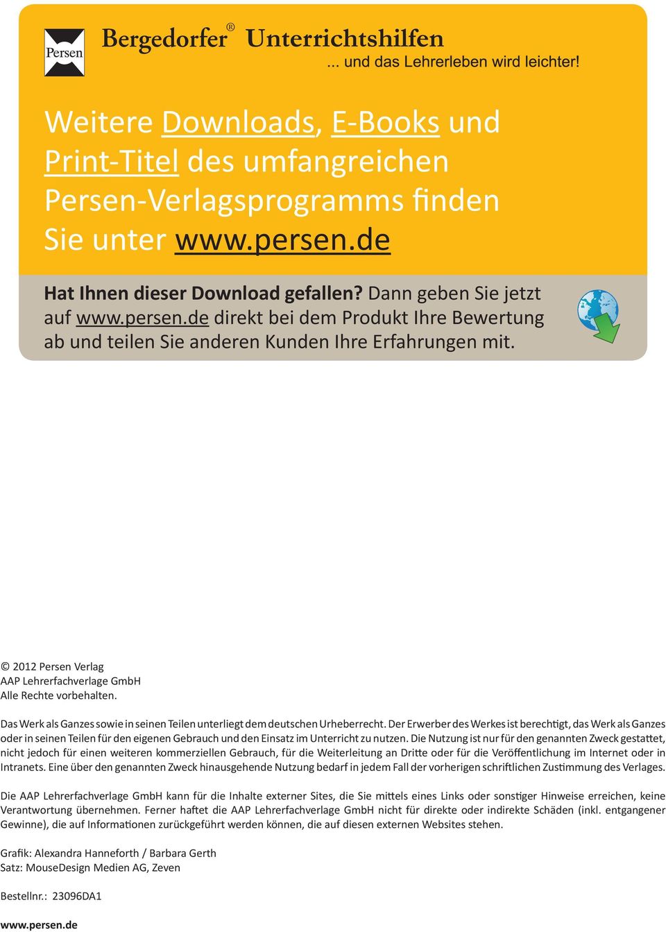 2012 Persen Verlag AAP Lehrerfachverlage GmbH Alle Rechte vorbehalten. Das Werk als Ganzes sowie in seinen Teilen unterliegt dem deutschen Urheberrecht.