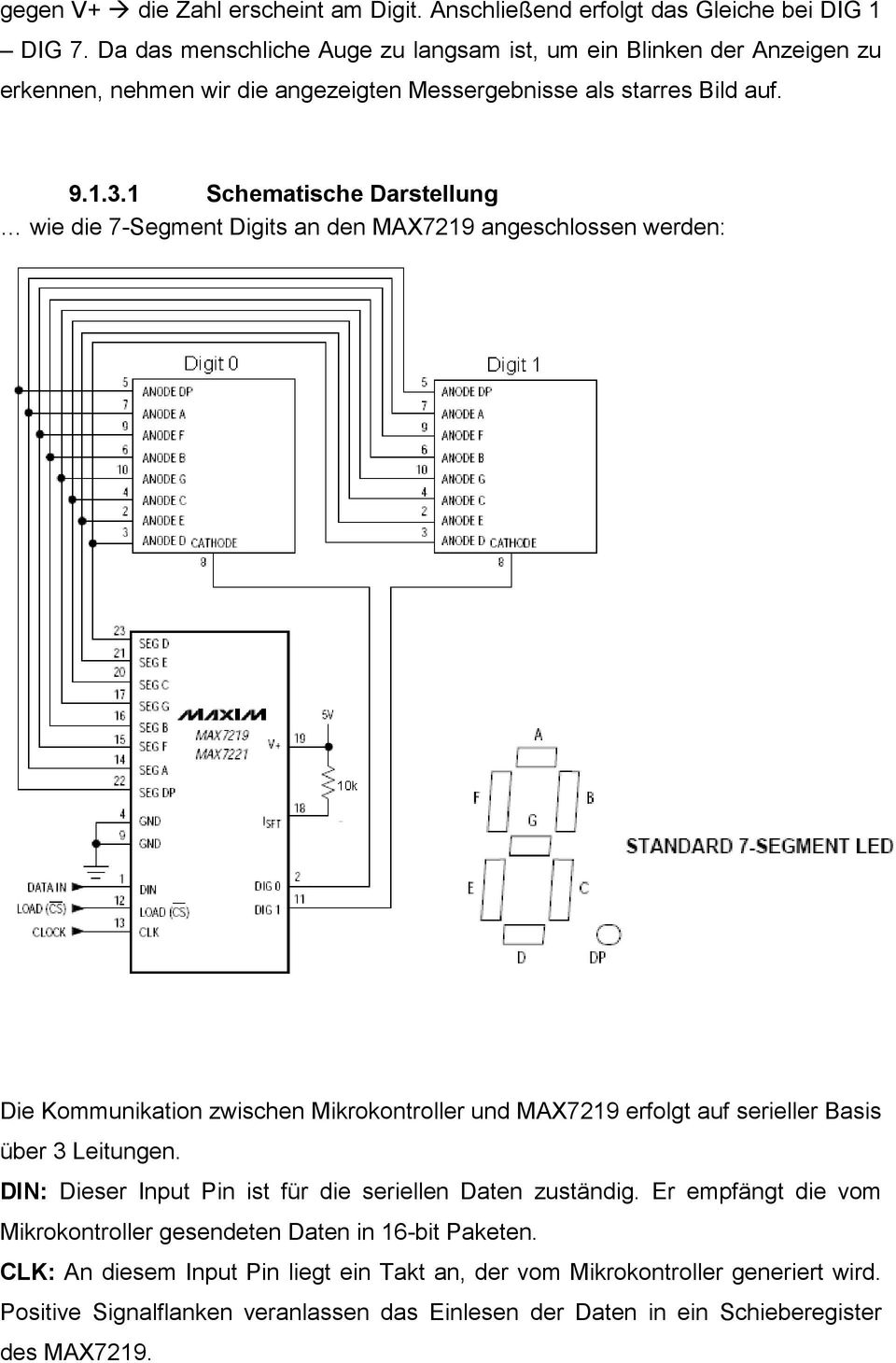 1 Schematische Darstellung wie die 7-Segment Digits an den MAX7219 angeschlossen werden: Die Kommunikation zwischen Mikrokontroller und MAX7219 erfolgt auf serieller Basis über 3