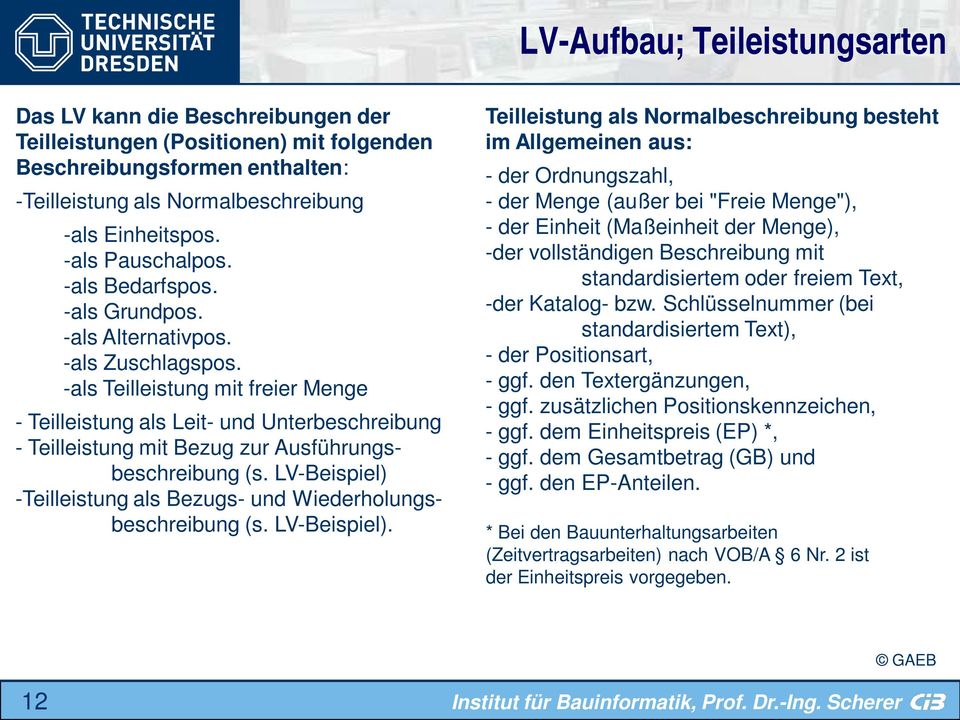 -als Teilleistung mit freier Menge - Teilleistung als Leit- und Unterbeschreibung - Teilleistung mit Bezug zur Ausführungsbeschreibung (s.