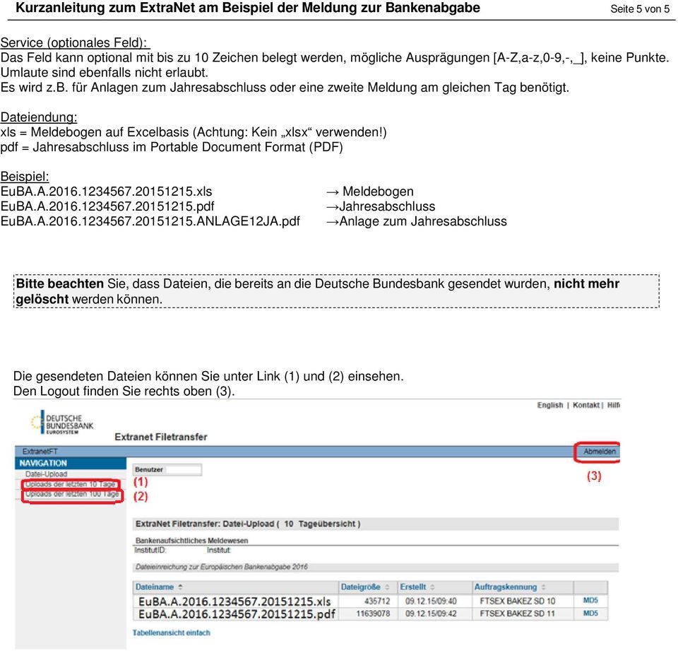Dateiendung: xls = Meldebogen auf Excelbasis (Achtung: Kein xlsx verwenden!) pdf = Jahresabschluss im Portable Document Format (PDF) Beispiel: EuBA.A.2016.1234567.20151215.xls EuBA.A.2016.1234567.20151215.pdf EuBA.