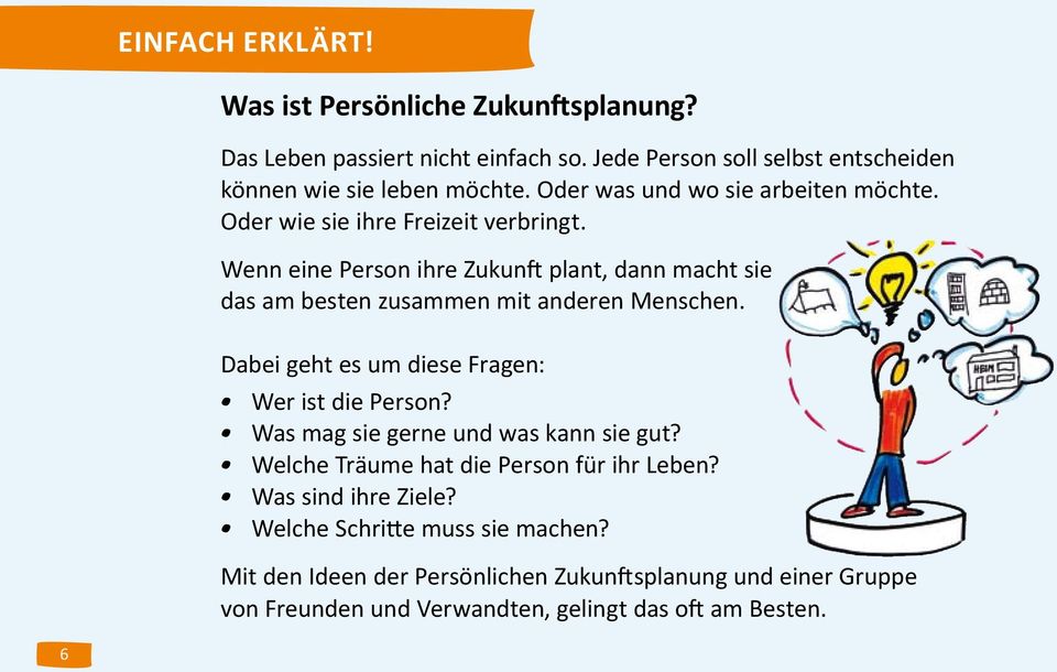 Wenn eine Person ihre Zukunft plant, dann macht sie das am besten zusammen mit anderen Menschen. Dabei geht es um diese Fragen: Wer ist die Person?