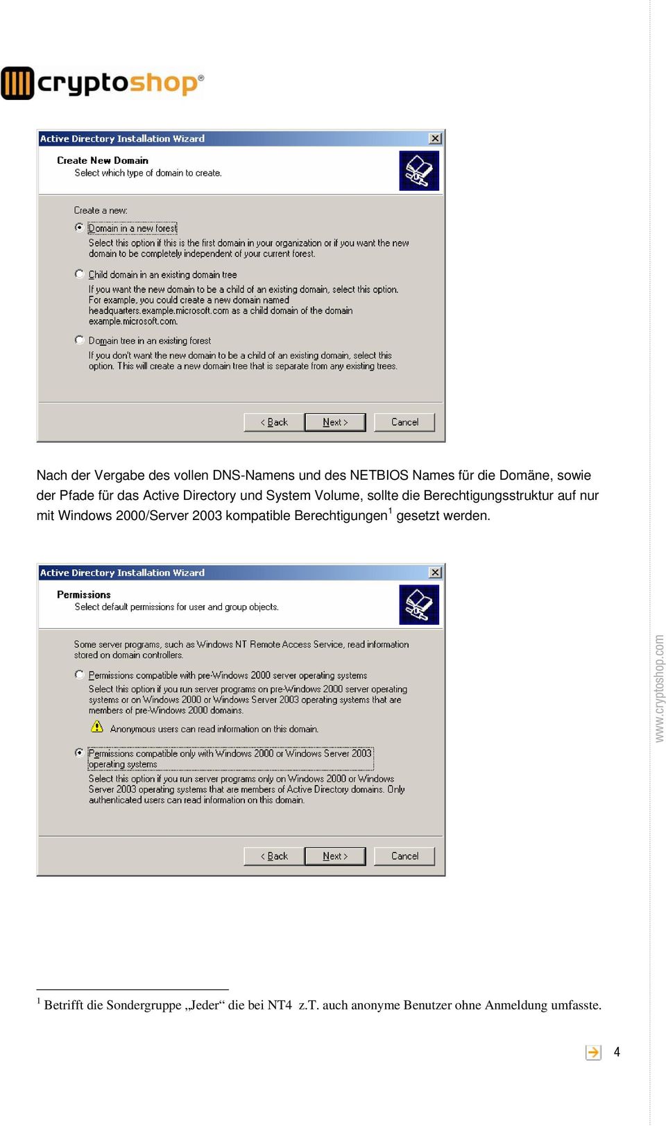 nur mit Windows 2000/Server 2003 kompatible Berechtigungen 1 gesetzt werden.