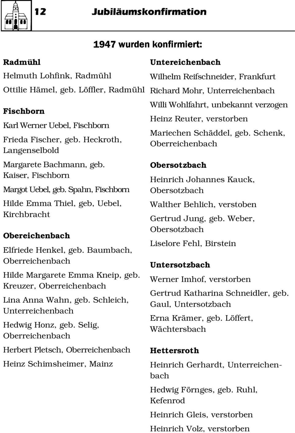 Baumbach, Oberreichenbach Hilde Margarete Emma Kneip, geb. Kreuzer, Oberreichenbach Lina Anna Wahn, geb. Schleich, Unterreichenbach Hedwig Honz, geb.