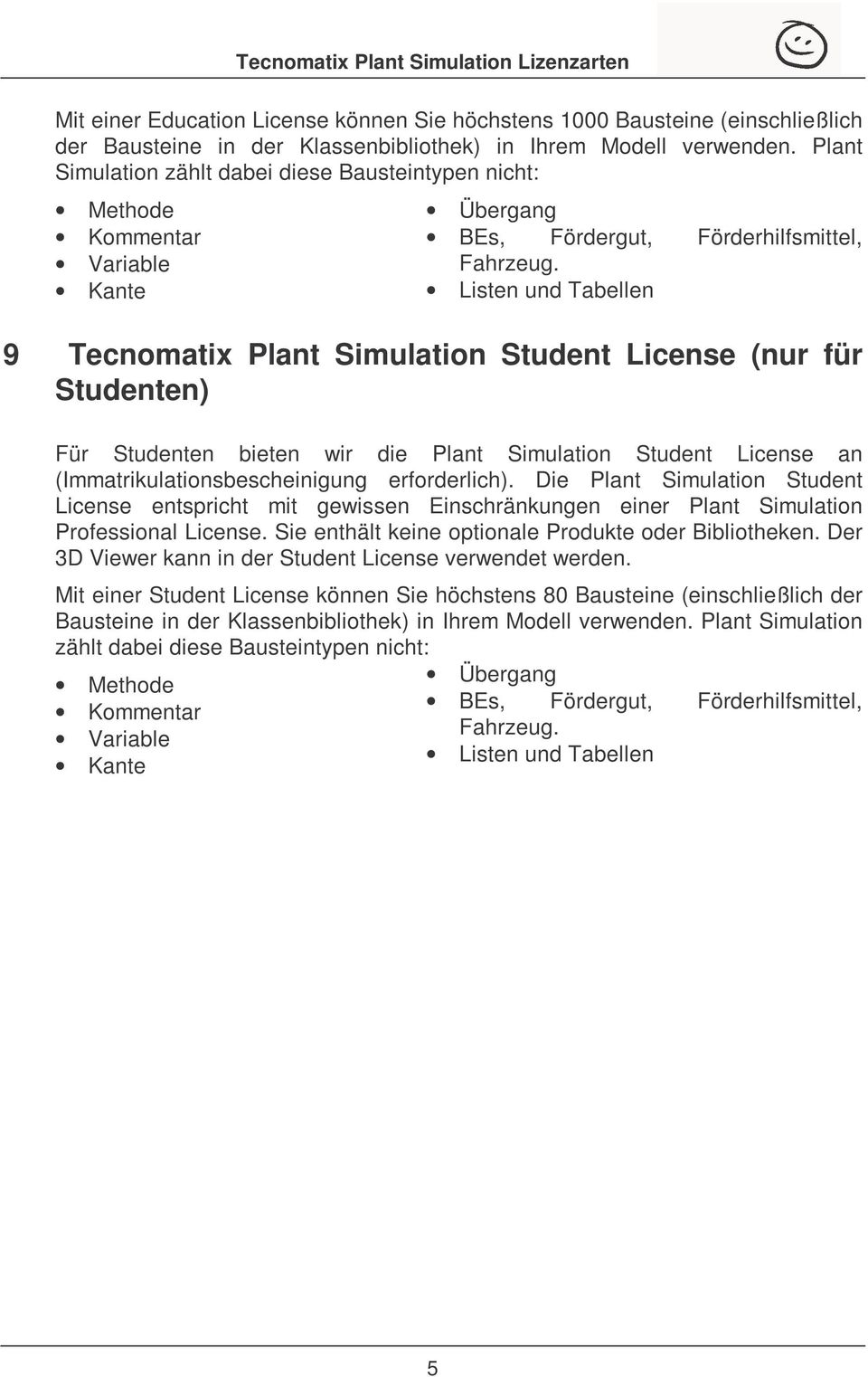 Listen und Tabellen 9 Tecnomatix Plant Simulation Student License (nur für Studenten) Für Studenten bieten wir die Plant Simulation Student License an (Immatrikulationsbescheinigung erforderlich).